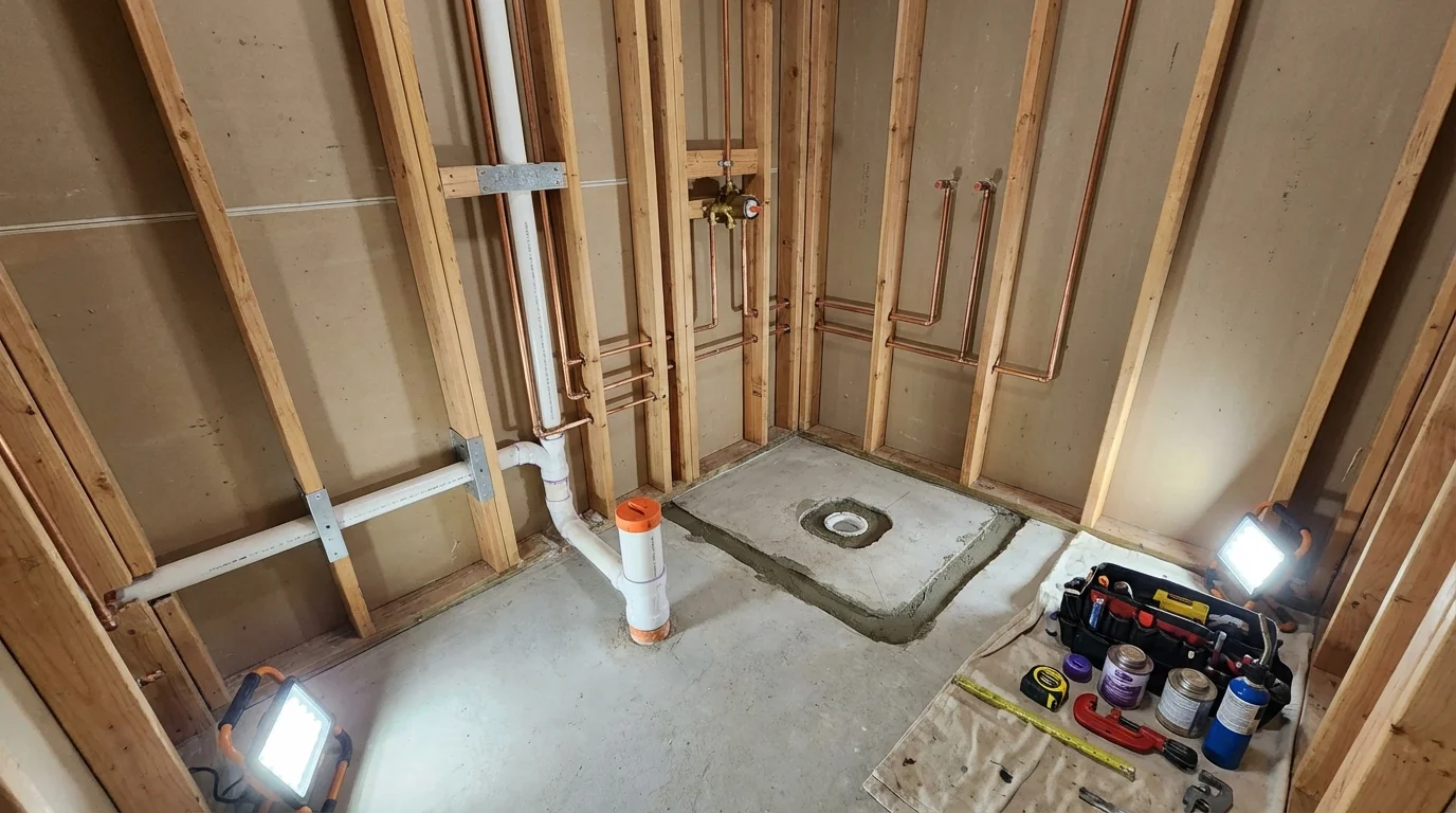 Bathroom rough-in plumbing during remodel by Johns Plumbing LLC in Broadus