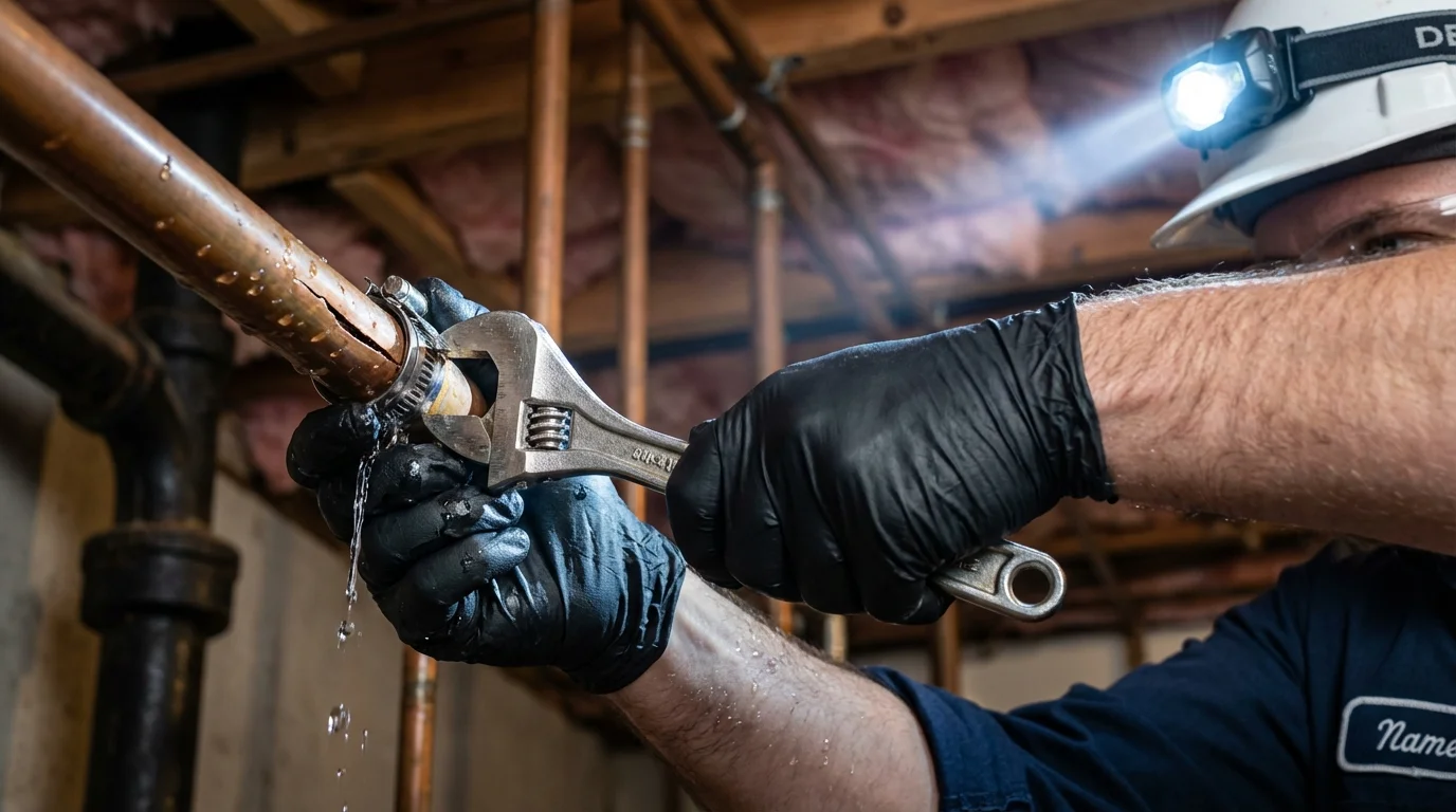 Emergency pipe clamp repair being performed by a Johns Plumbing LLC plumber in Broadus