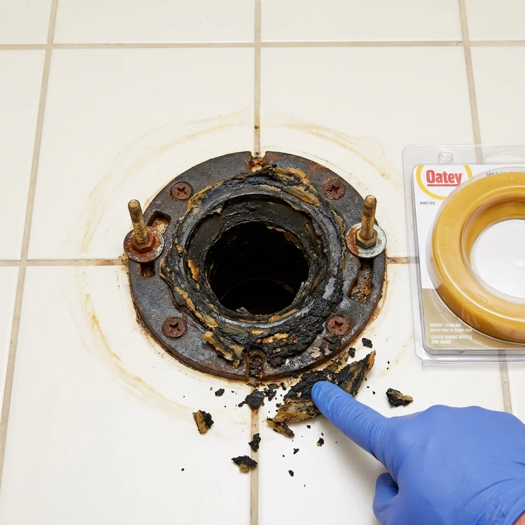 Failed wax ring showing water seepage at the base of a toilet in a Broadus, MT home